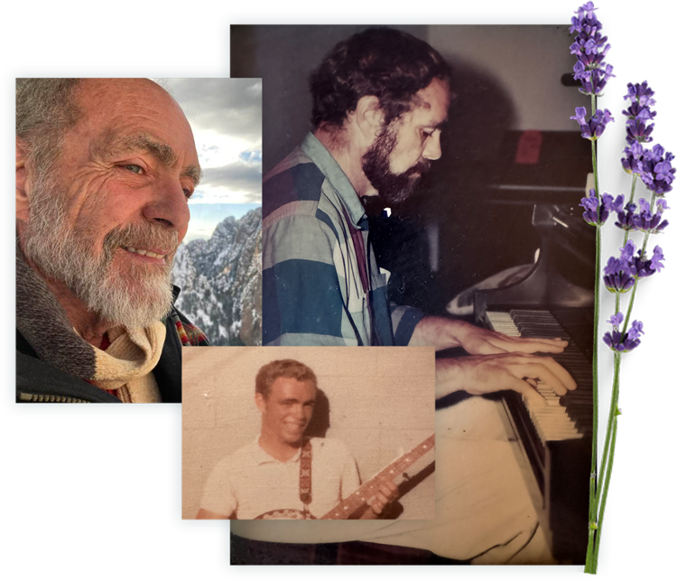 Collage of photos of a Caucasian man playing the piano, smiling on a snowy mountain, and playing the banjo.